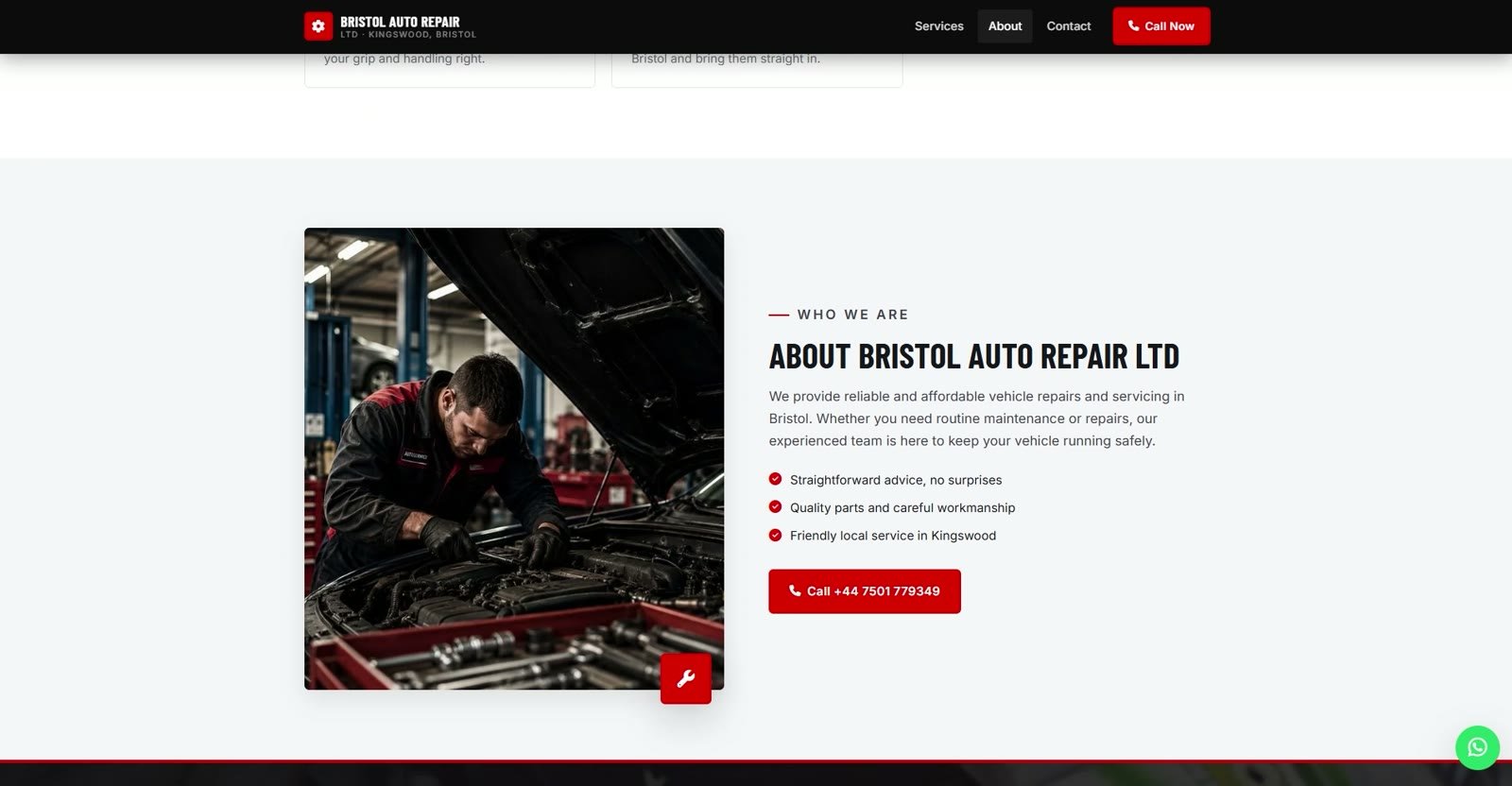 Bristol Auto Repair website about section with workshop photography
