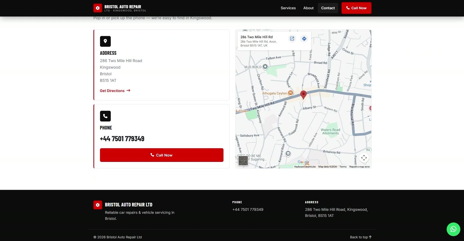 Bristol Auto Repair website contact section with address, map and phone number