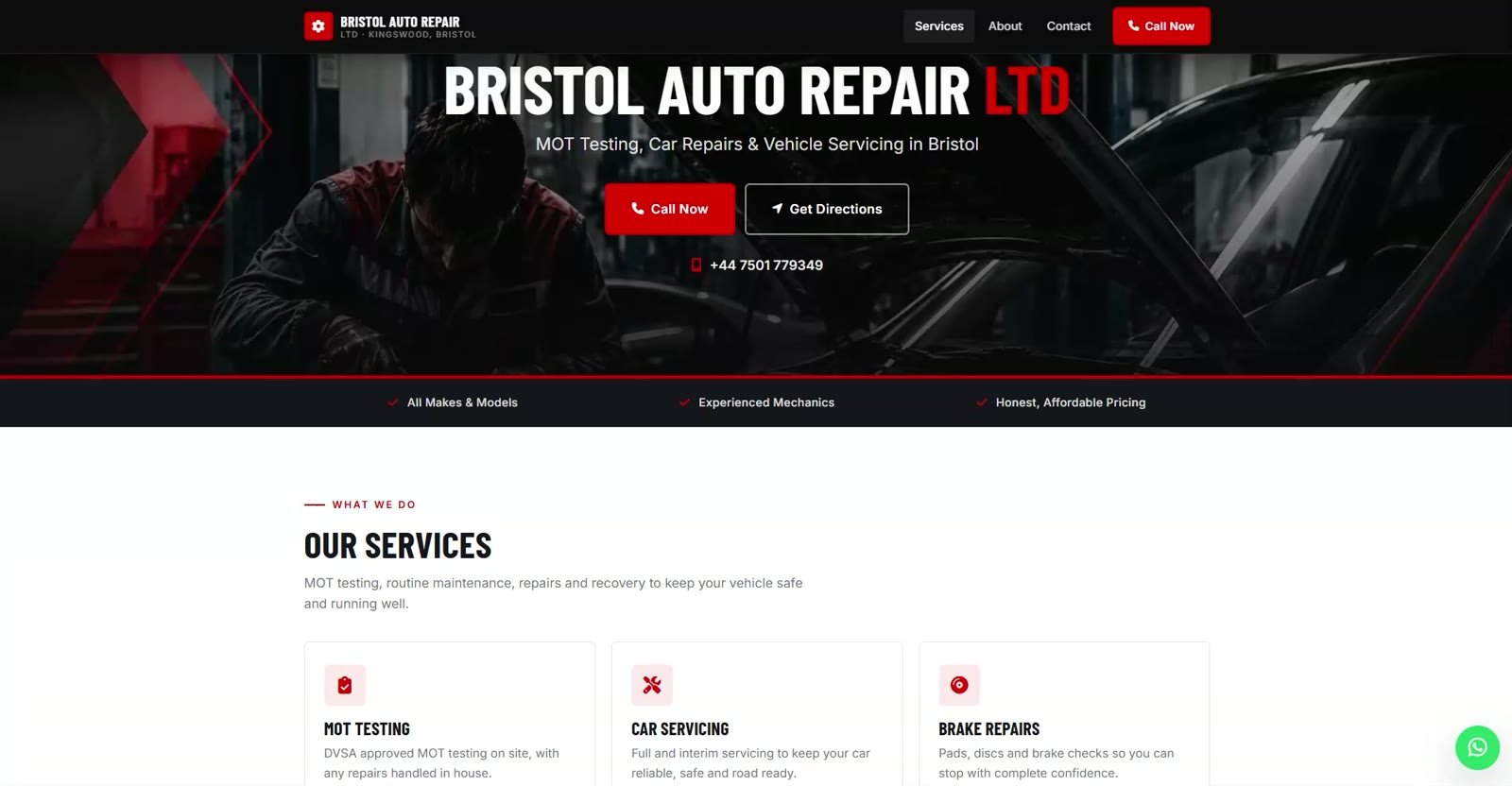 Bristol Auto Repair website hero with call now and get directions buttons