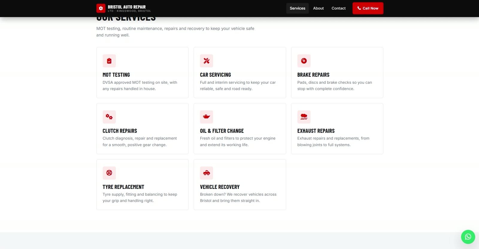Bristol Auto Repair website services grid listing MOT testing, servicing and repairs