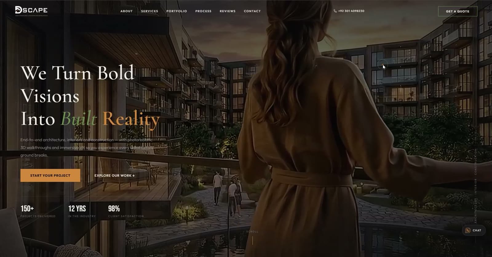 DSCAPE website hero section with the headline We Turn Bold Visions Into Built Reality