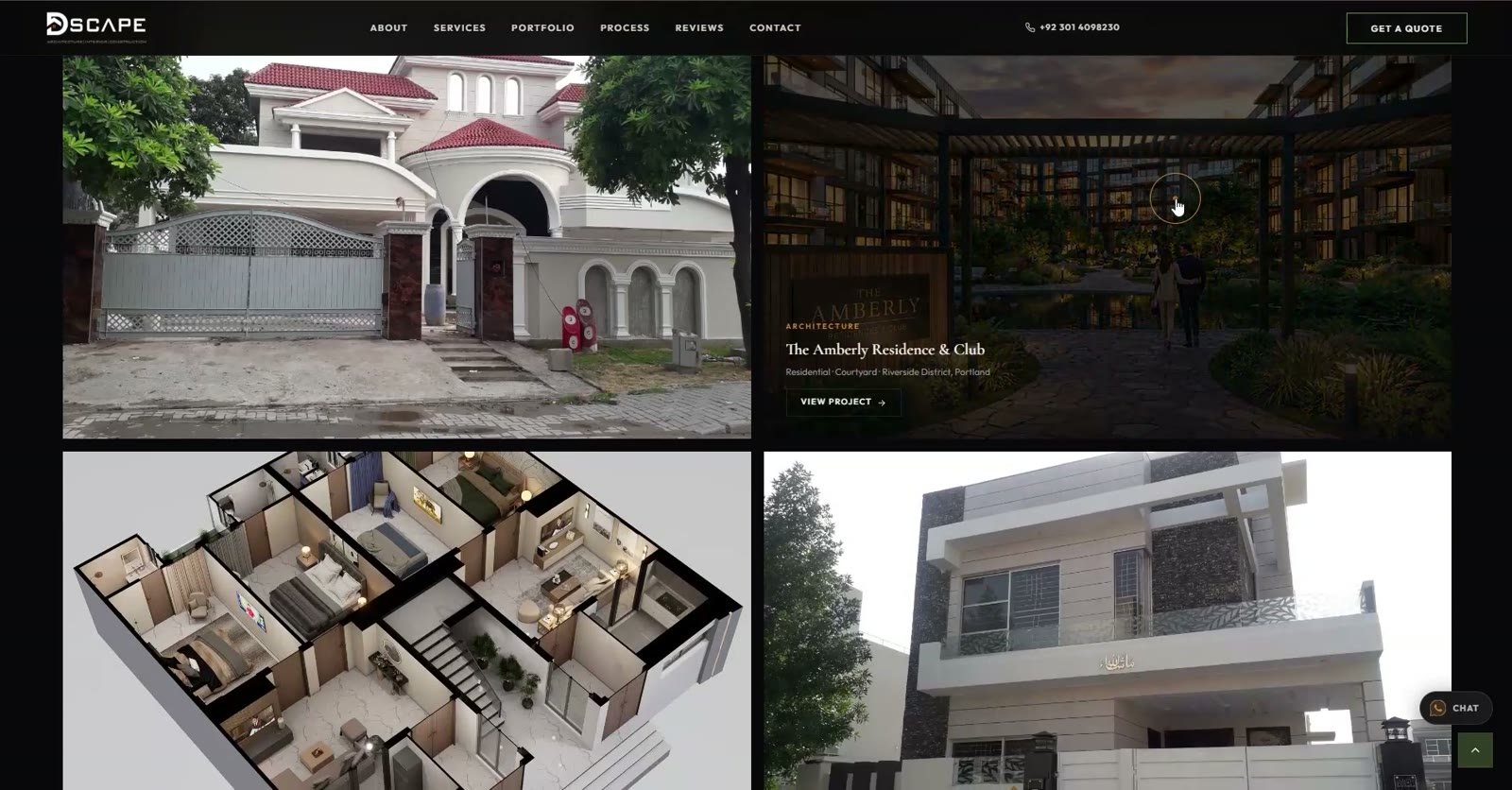 DSCAPE website featured projects grid showing completed residences and interiors