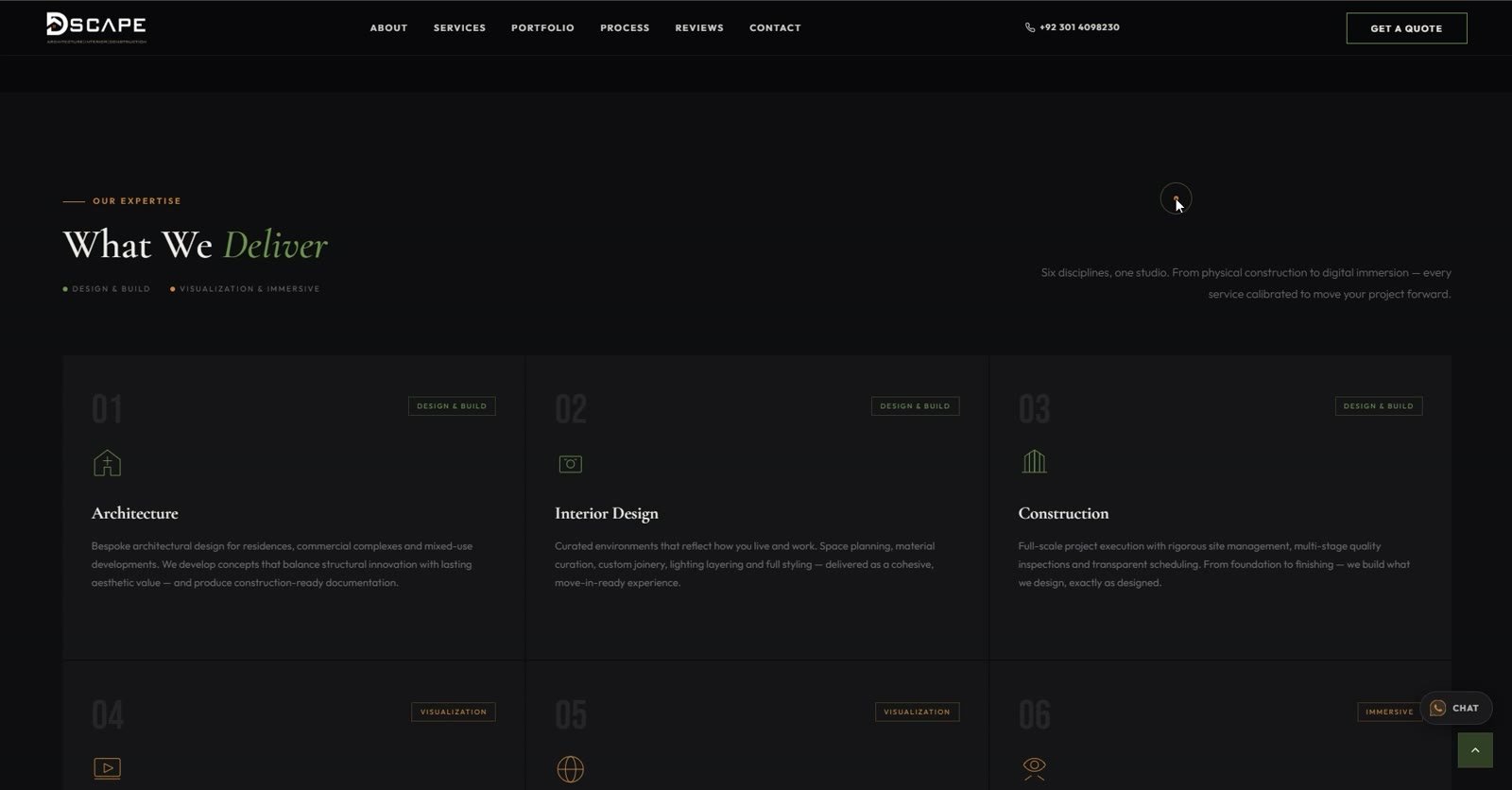 DSCAPE website services section listing architecture, interior design and construction