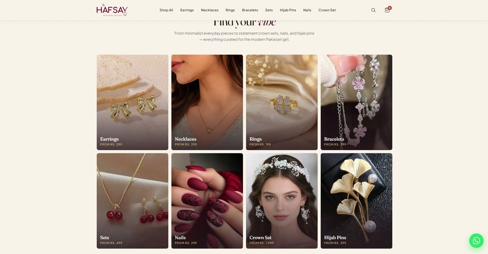 HAFSAY website category grid headed Find your vibe