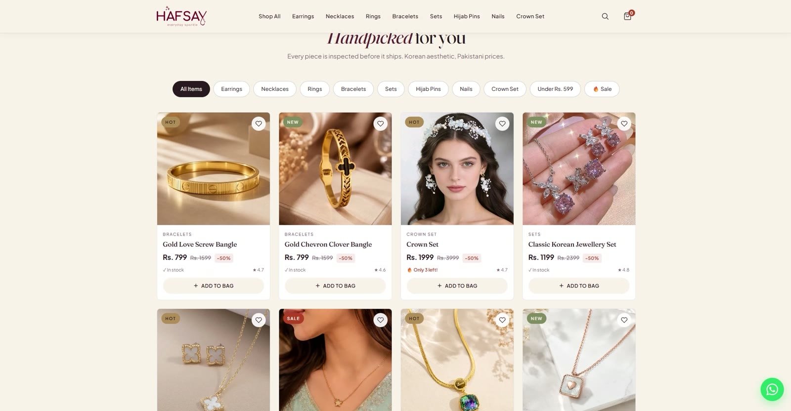 HAFSAY website product grid with prices, discounts and add to bag buttons