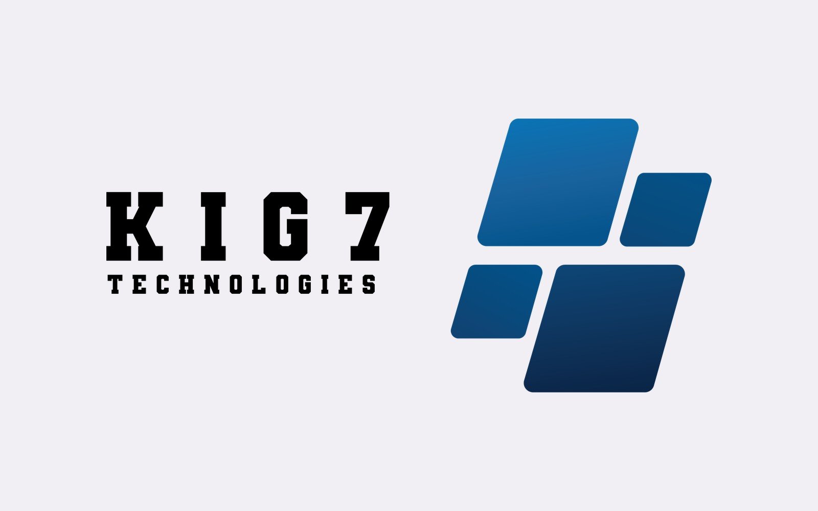 KIG7 Technologies logo — slab wordmark with a stacked block device in signal blue