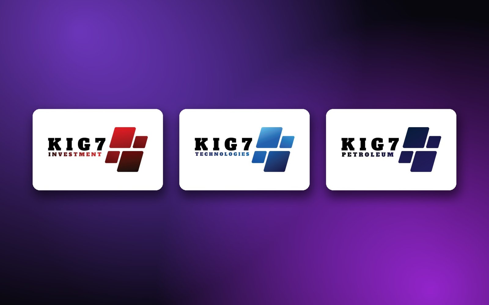 King7 — three sub-brand logos, Investment, Technologies, Petroleum