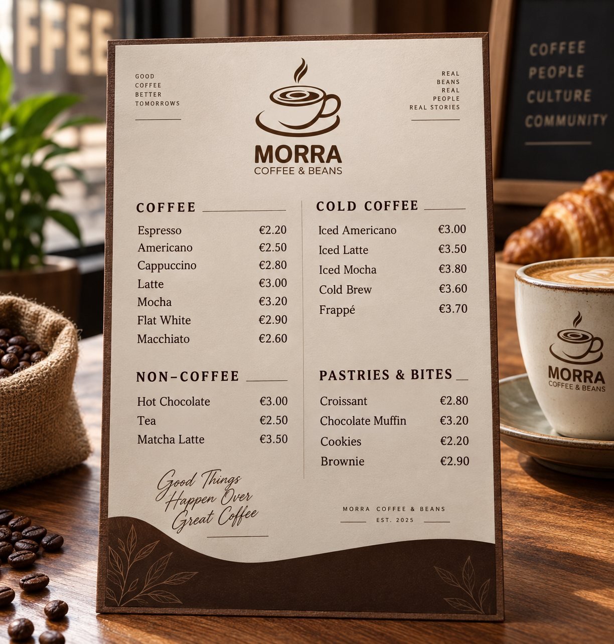 MORRA menu card standing on the café counter