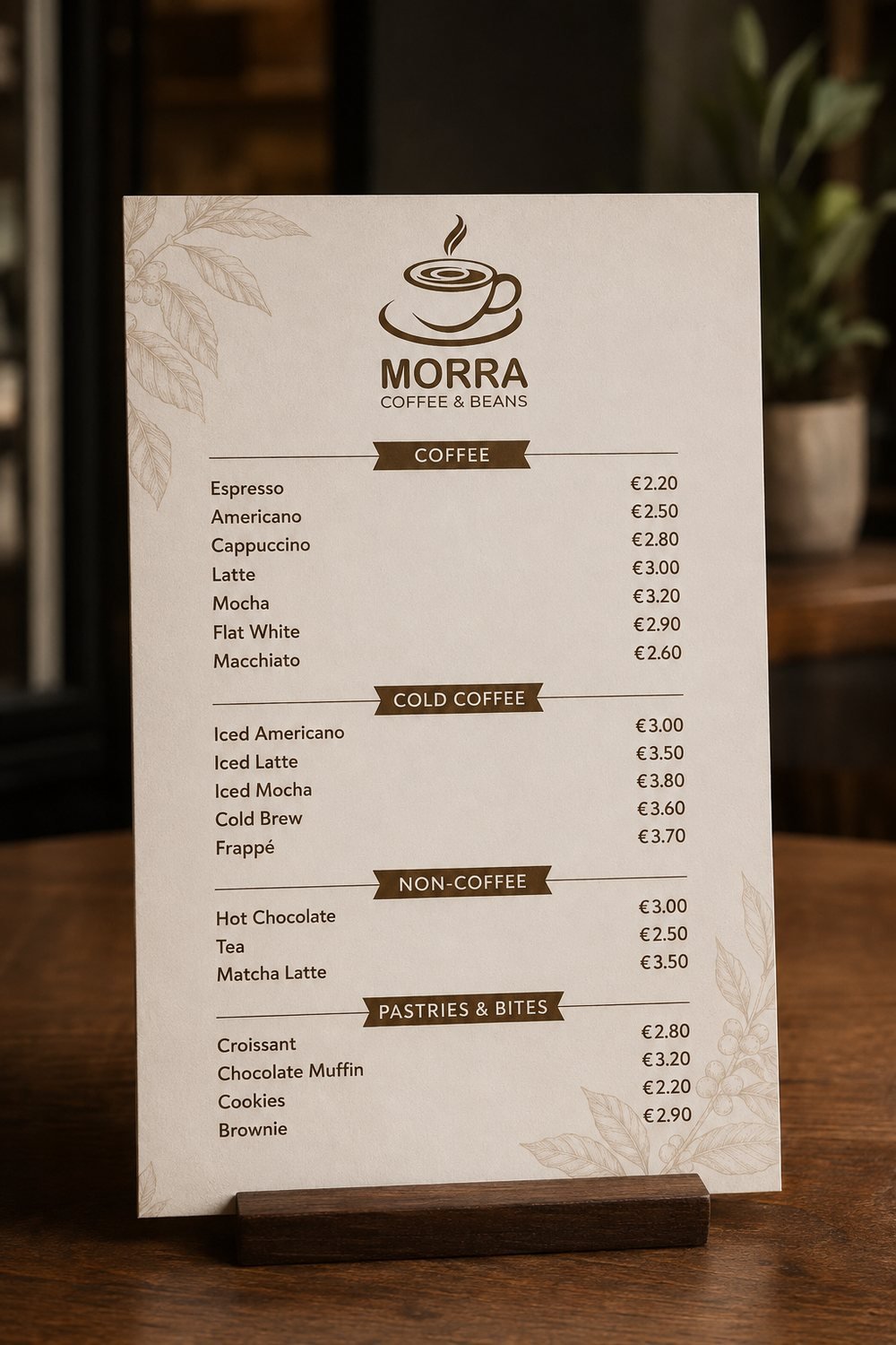 MORRA table menu card