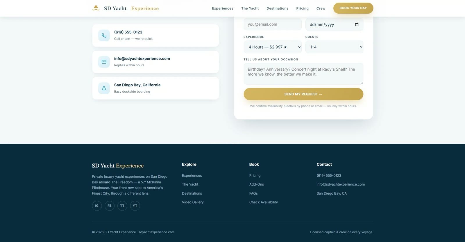 SD Yacht Experience website availability and enquiry form