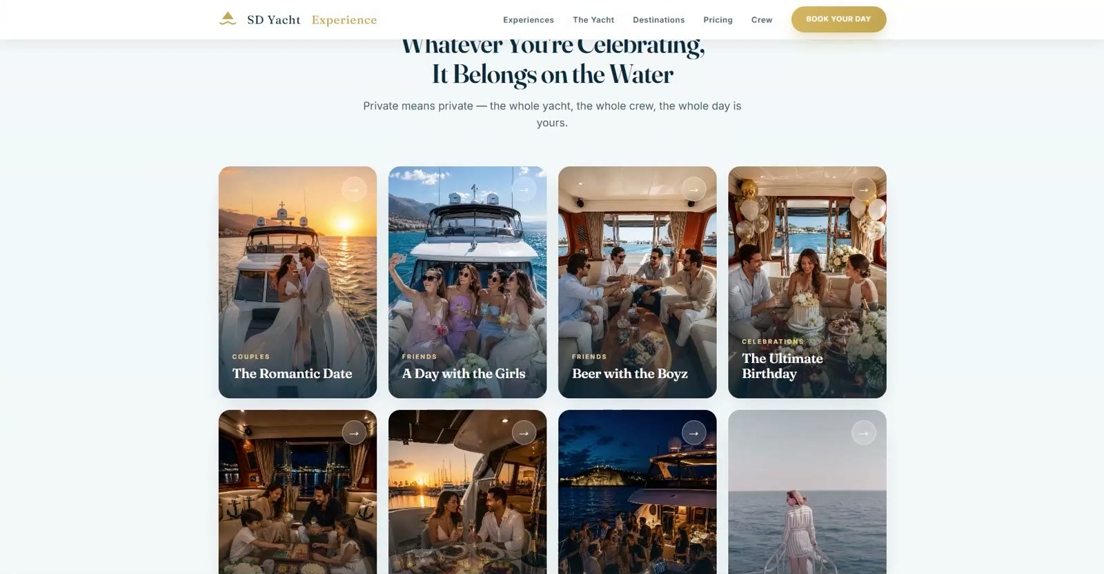 SD Yacht Experience website occasions grid for celebrations and events