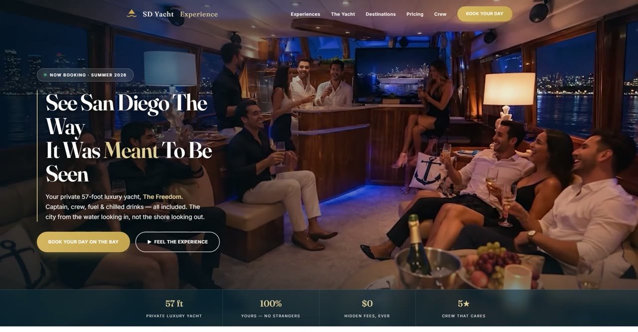 SD Yacht Experience private charter booking website designed and built by Markora