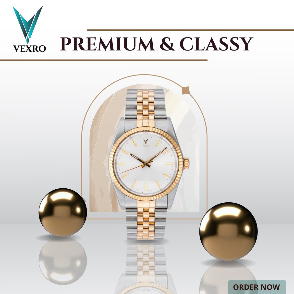 VEXRO watch advertisement with an arch and gold spheres