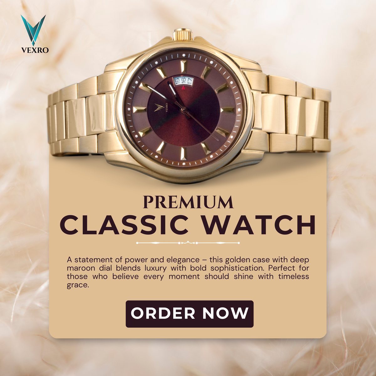 VEXRO gold watch with maroon dial advertisement