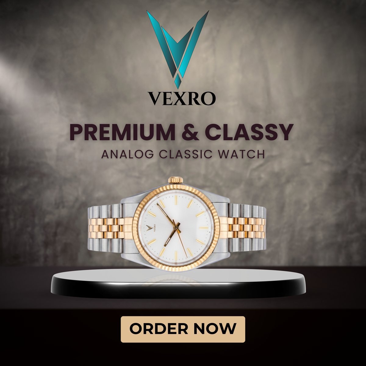 VEXRO watch advertisement on a studio plinth
