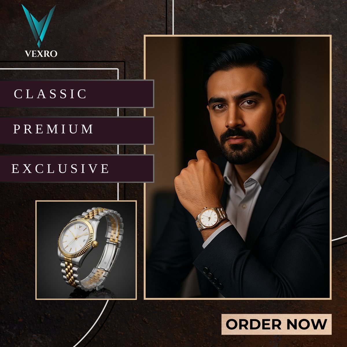 VEXRO lifestyle advertisement with a model wearing the watch