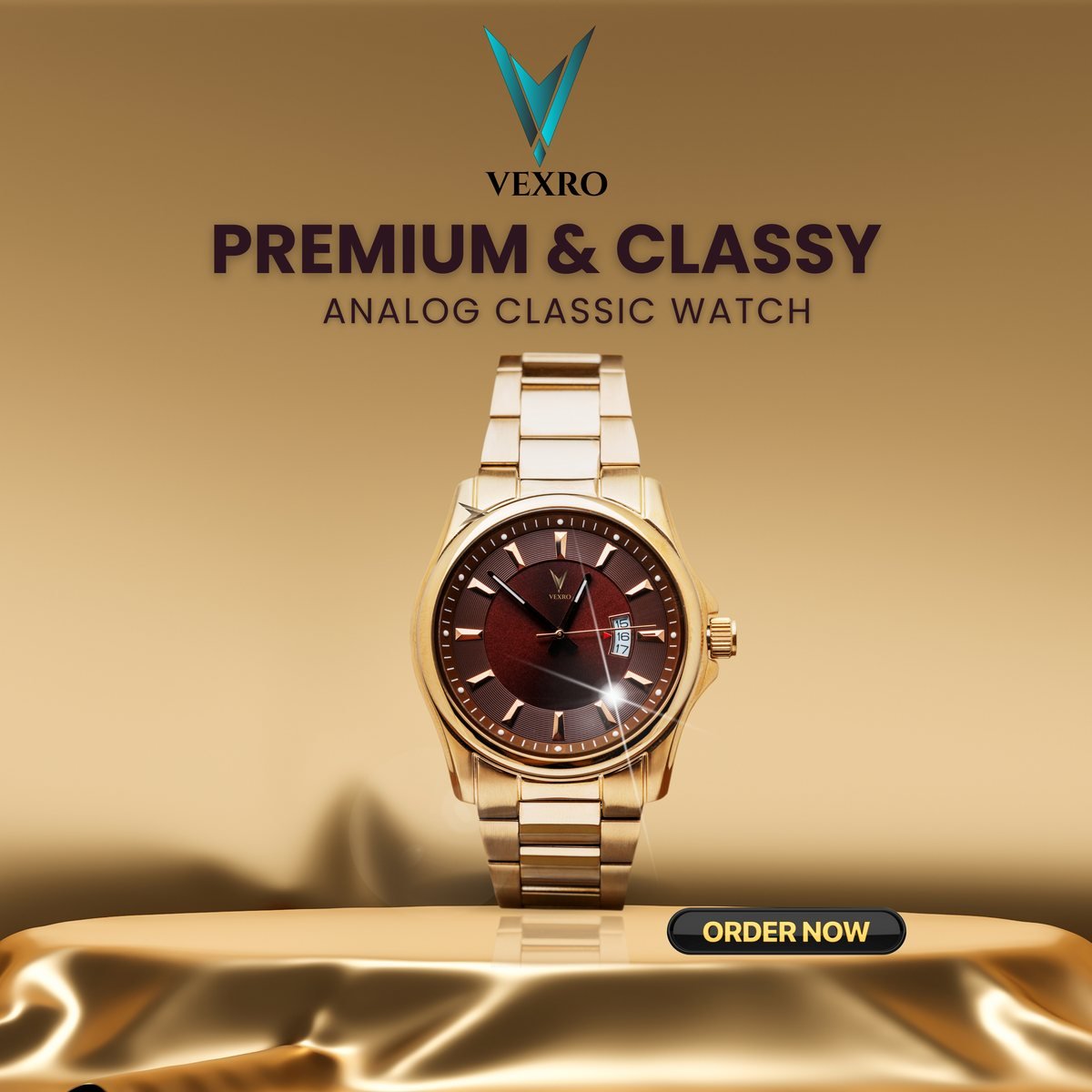 VEXRO gold watch advertisement on gold silk