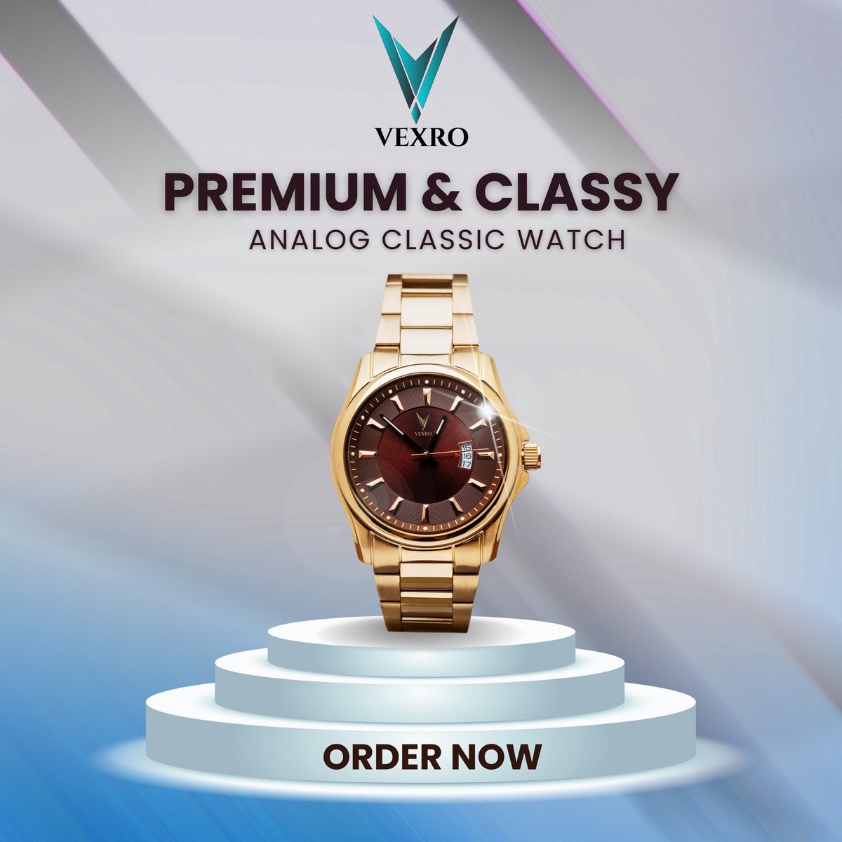 VEXRO watch advertisement on stepped white podiums