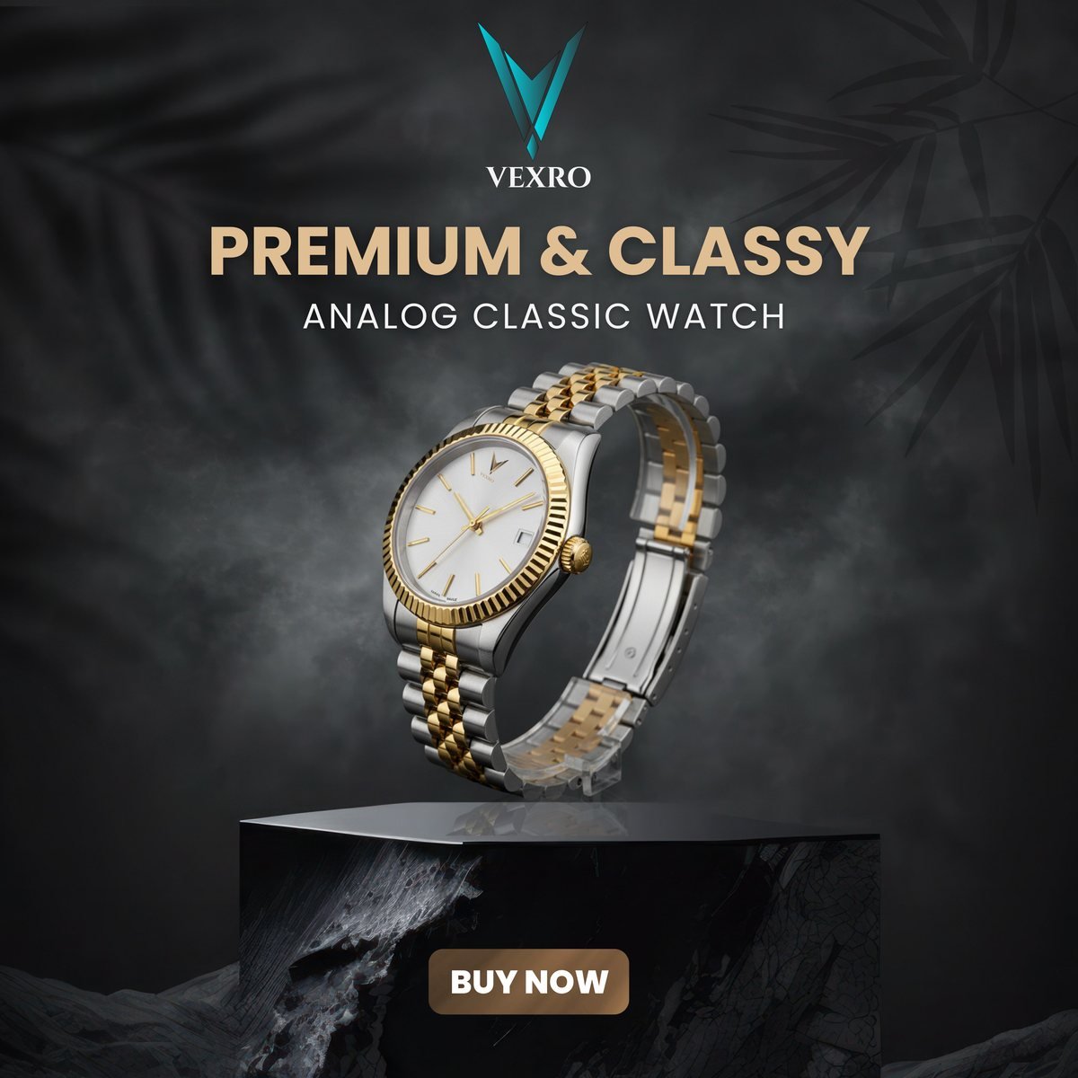 VEXRO watch advertisement on a dark stone plinth