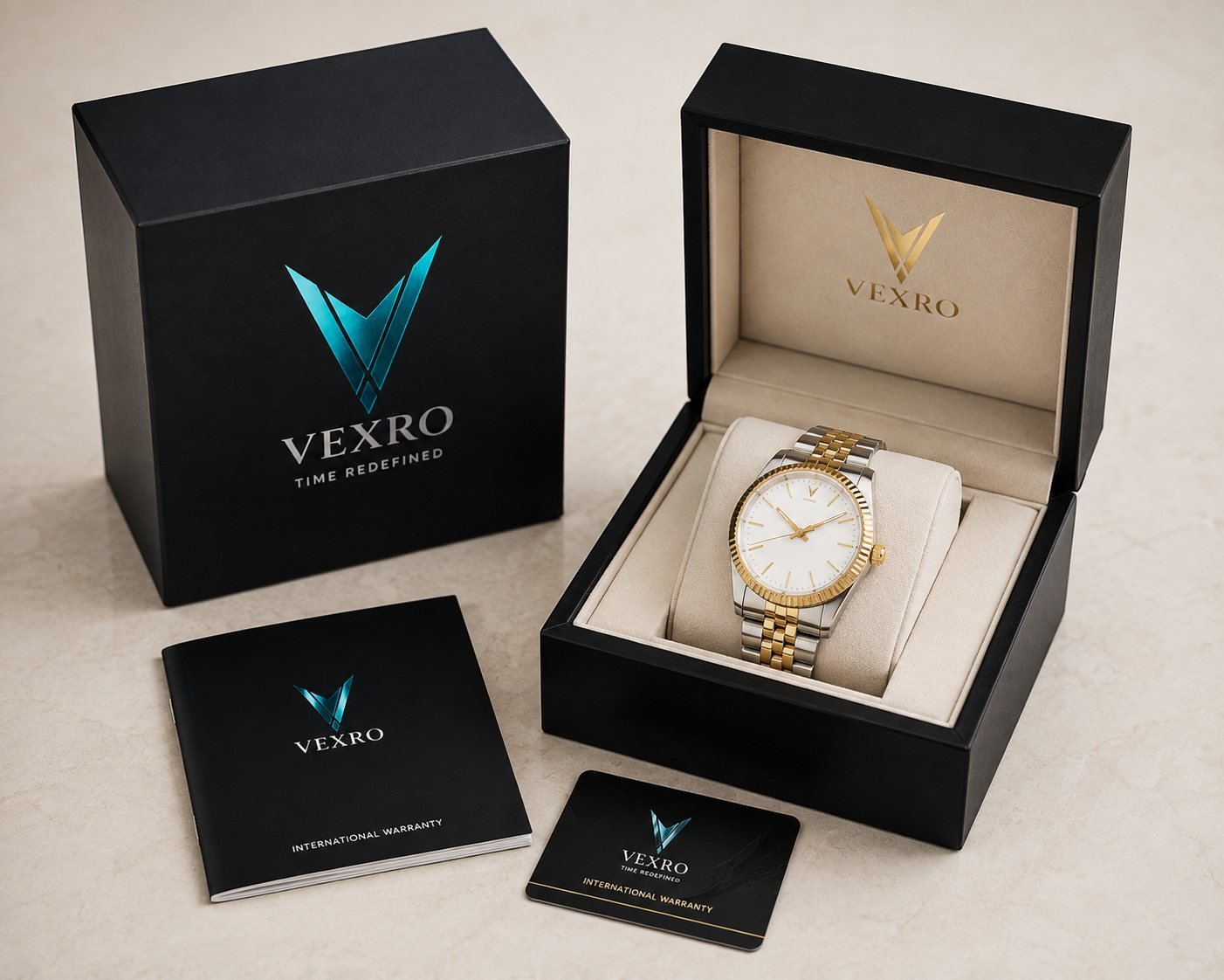 VEXRO watch seated in its open presentation box