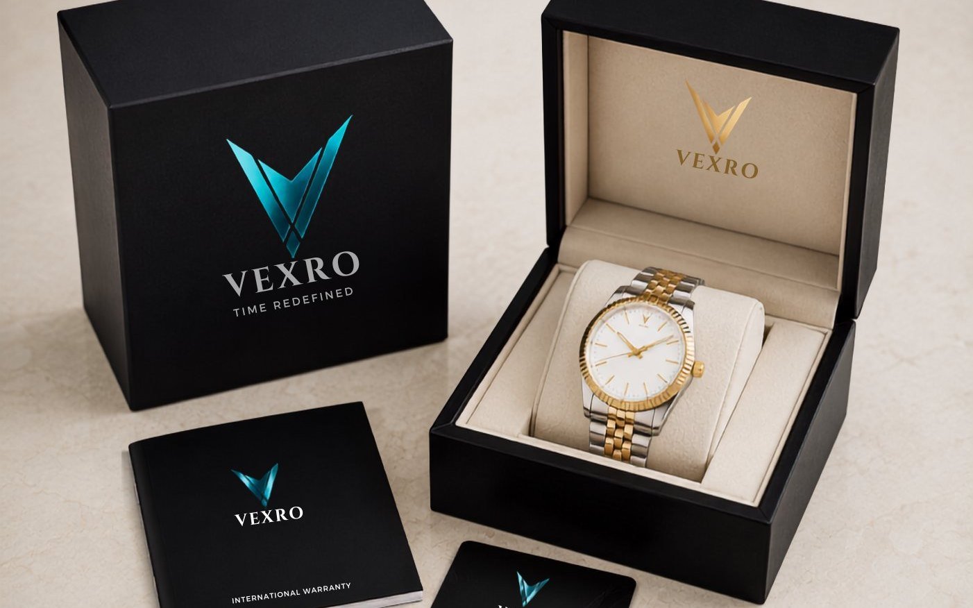 VEXRO watch presentation box, warranty card and booklet designed by Markora